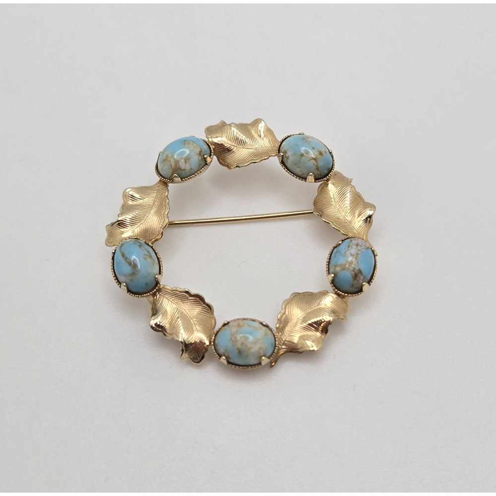 Vintage R Inc Wreath Brooch Turquoise Stones 12k Gold Fill Retro Midcentury 1.5"